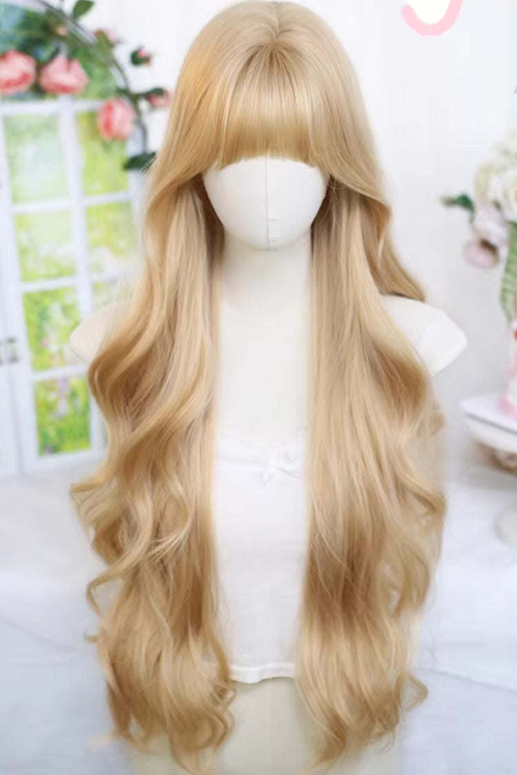 Almond Blonde Long Wavy Blunt Bangs Daily Sweet Lolita Wig
