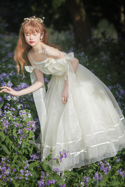 Beige Small Ballet High Waisted Bowknot Chiffon Short Version Sweet Lolita JSK Dress