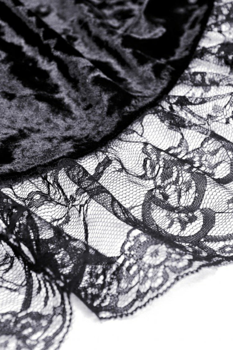 Black Irregular Long Trumpet Sleeves Lace Spliced Women's Gothic Velvet Graduation Dress