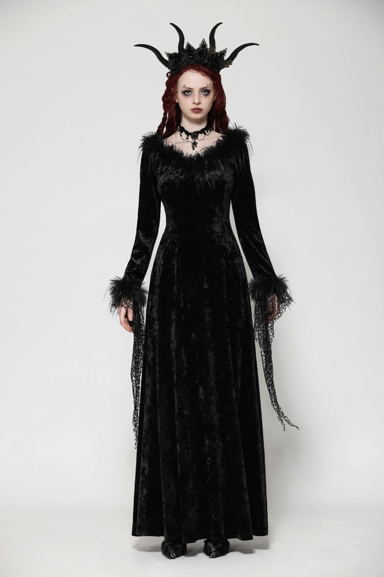Black Long Sleeves Velvet Lace Women's Gothic Maxi Dress Wedding Dress