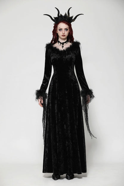 Black Long Sleeves Velvet Lace Women's Gothic Maxi Dress Wedding Dress