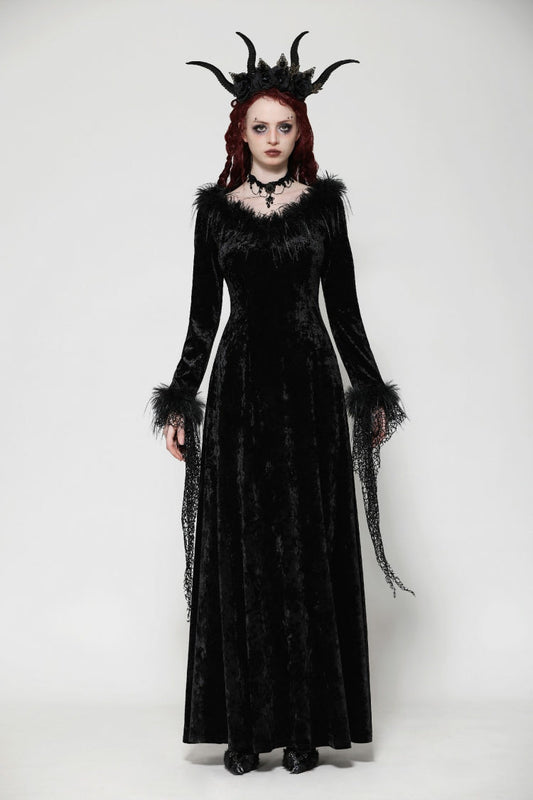Black Long Sleeves Velvet Lace Women's Gothic Maxi Dress Wedding Dress