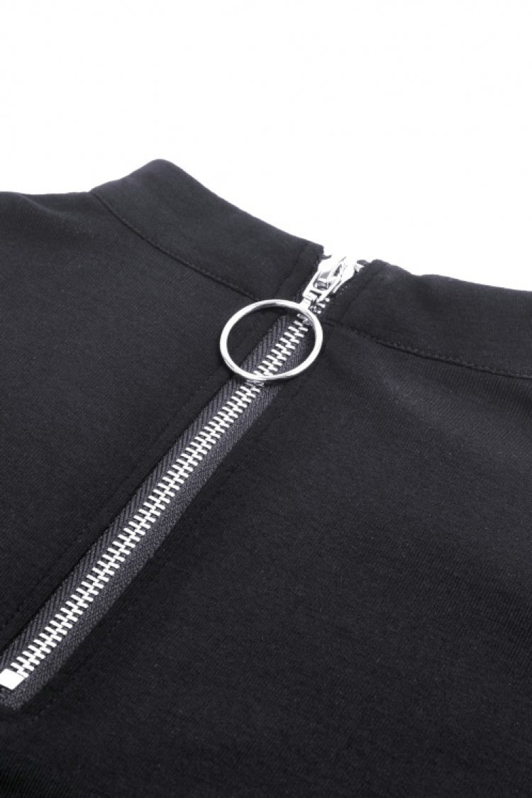 Black Long Sleeves Cut-Out Spliced Mesh Zippered Strappy Eyelet Women's Punk Crop Top