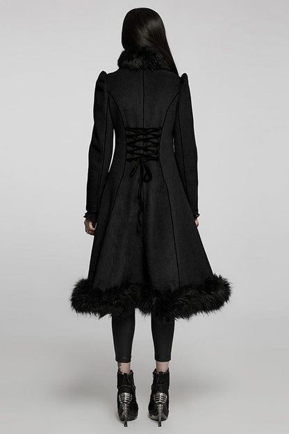 Black Gothic Gorgeous Symmetric Appliqu¨¦ Detachable Big Fur Collar Loose Hem Long Women's Coat