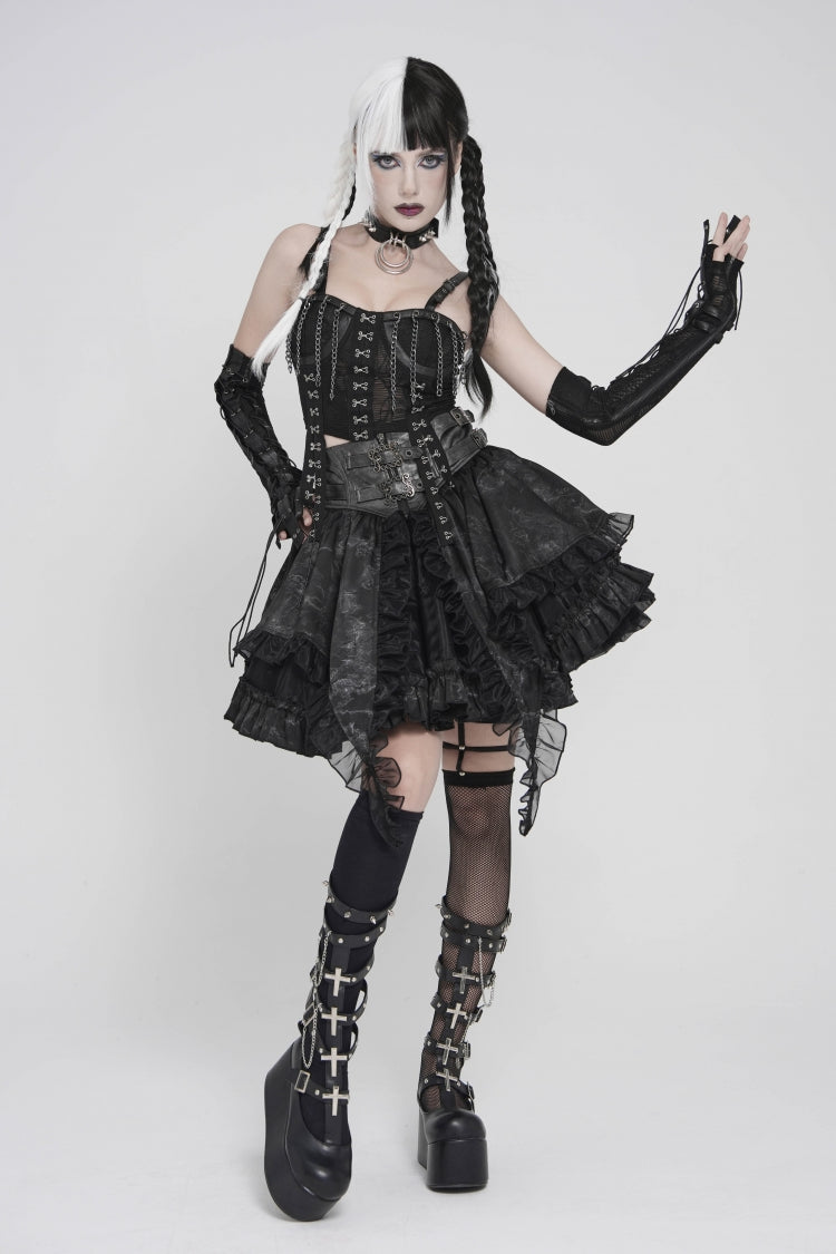 Black Off Shoulder Lace Lace-Up Slim Mesh Strappy Chain-Decorated Eyelet Women's Punk Corset