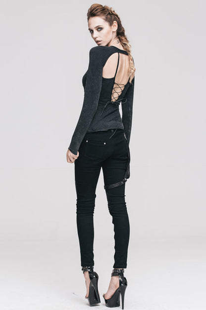 Black Hollow Out Long Sleeves Womens Punk Straps T-Shirt