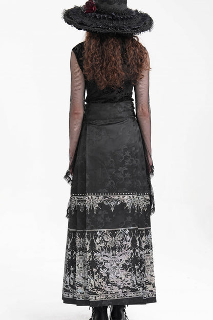 Black Print Embroidery Women's Gothic Crochet Tassels Bucket-up Long Skirt