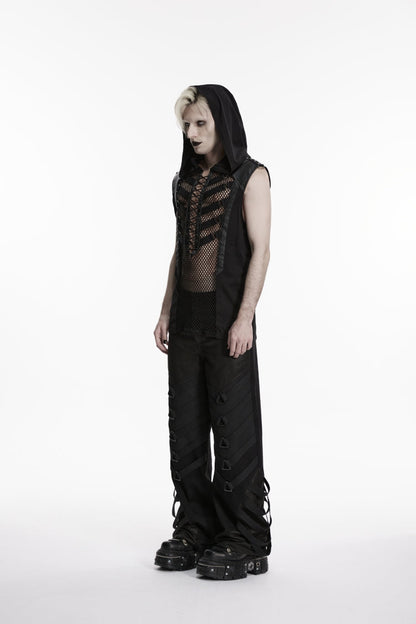 Black Multi-Layered Mesh Eyelet Men's Punk Cool Strappy Pants