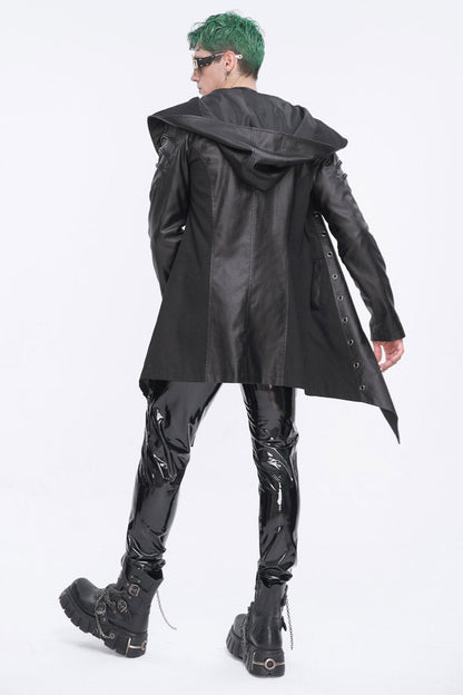 Black Irregular Eyelet Men's Gothic Jacket With Hood