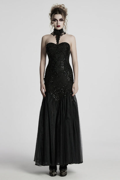 Black Off Shoulder Embroidery Lace Slim Women's Gothic Gown Fishtail Dress