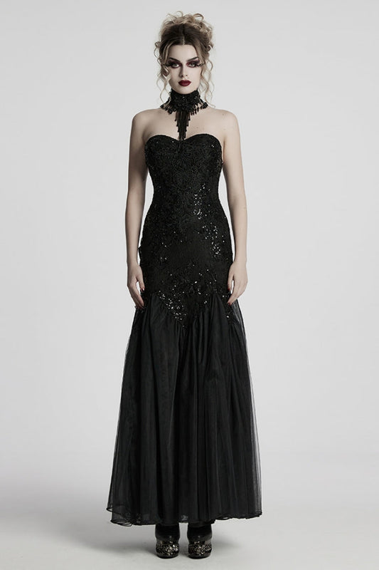 Black Off Shoulder Embroidery Lace Slim Women's Gothic Gown Fishtail Dress