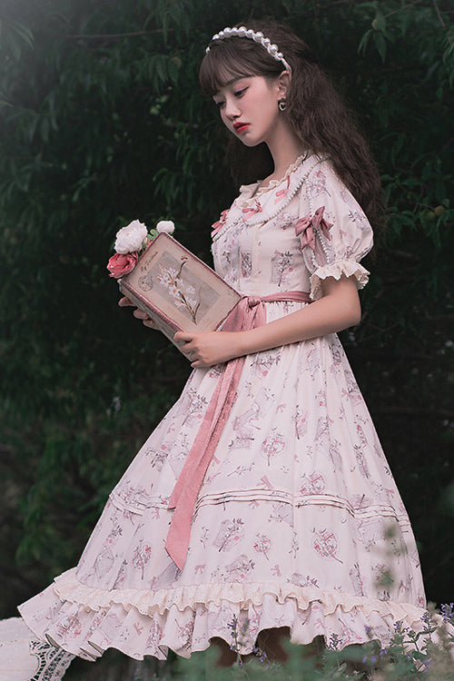 Beige Round Collar Short Sleeves Flower Print High Waist Sweet Lolita OP Dress