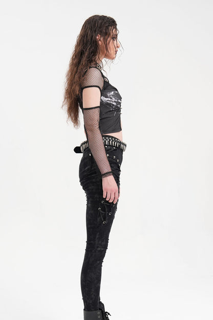 Black Long Sleeves Hollow Mesh Ripped Women's Punk Corset