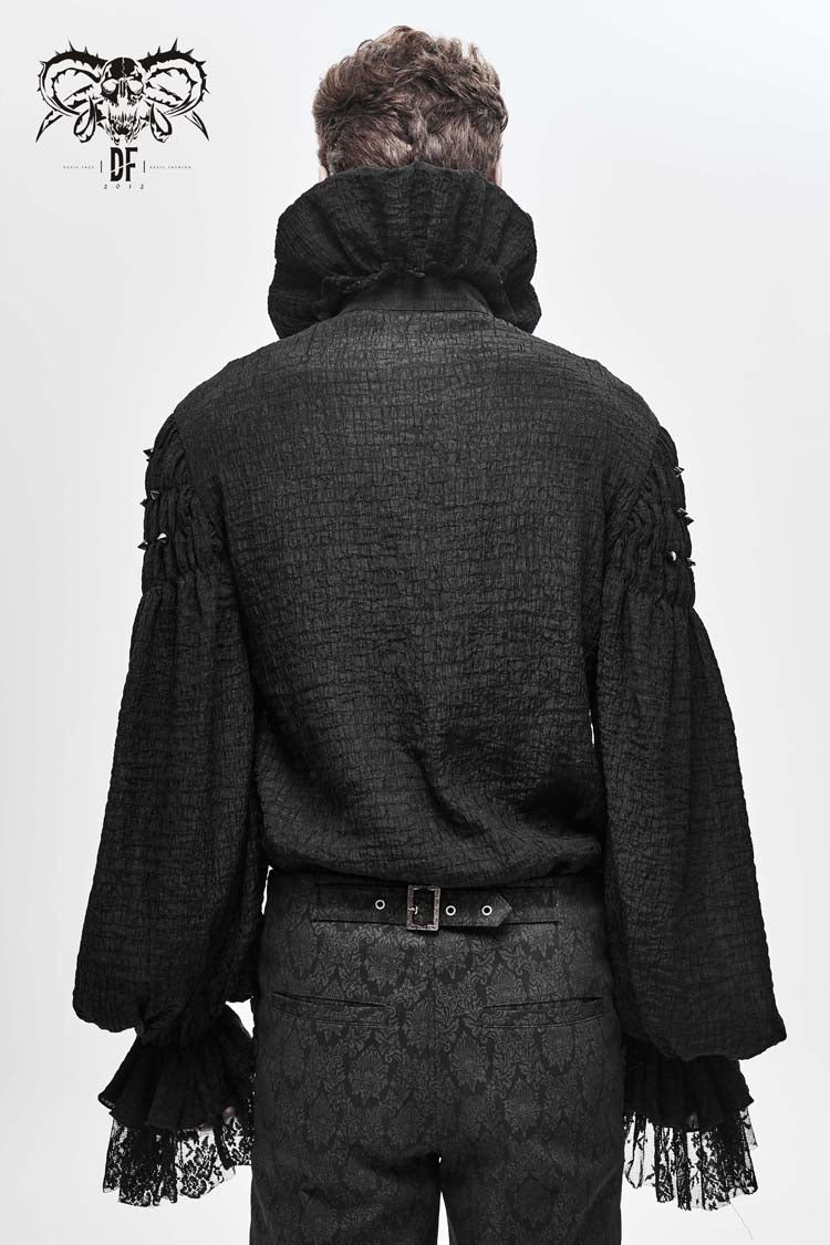 Black High Collar Chiffon Chest Frilly Beading Long Sleeve Lace Cuff Men's Gothic Shirt