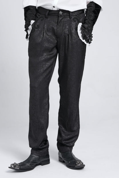 Black Floral Print Embroidery Men's Gothic Suit Pants