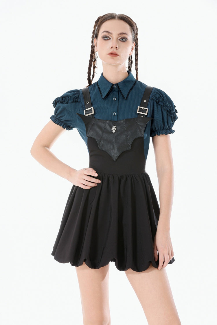 Black Bat Wing Buckled Women's Gothic Suspender Dress Graduation Dress with Tail