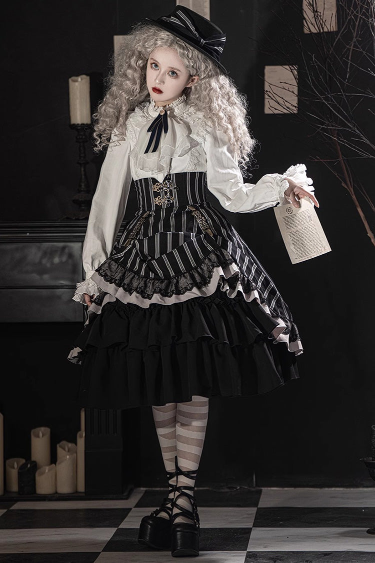 Black Point Manor Multi-layer Striped Print Ruffle Gothic Lolita Skirt