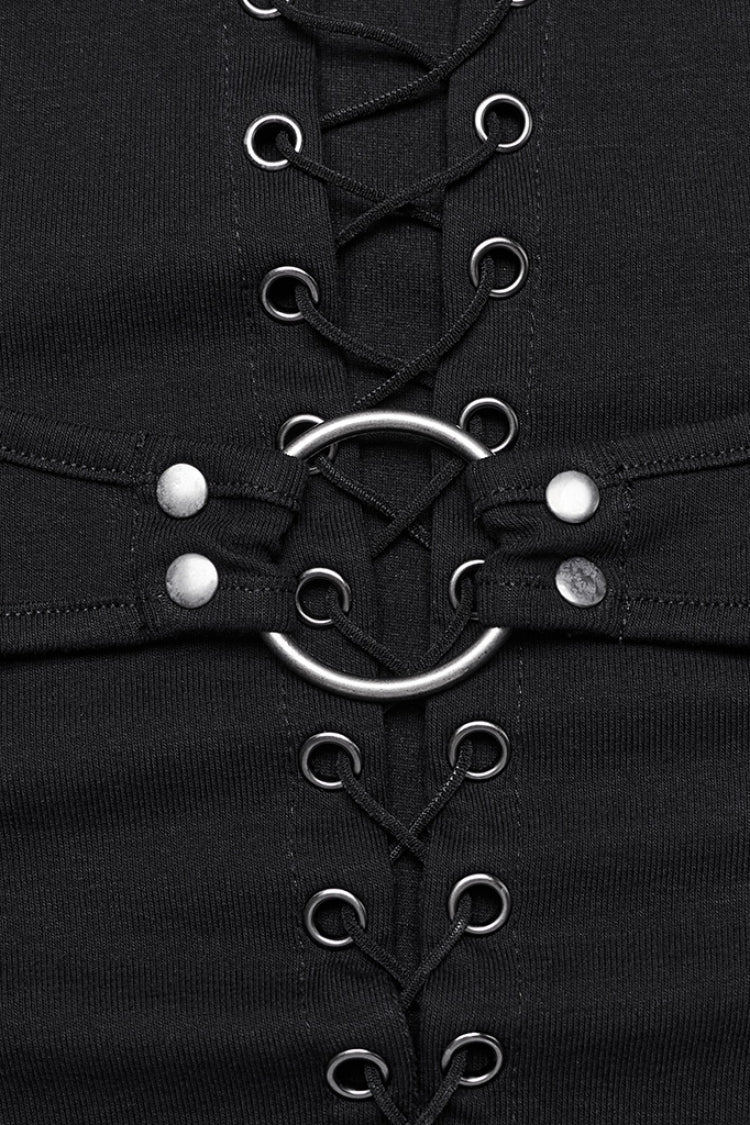 Black Long Sleeves Stitching Lace-Up Mesh Women's Punk Blouse