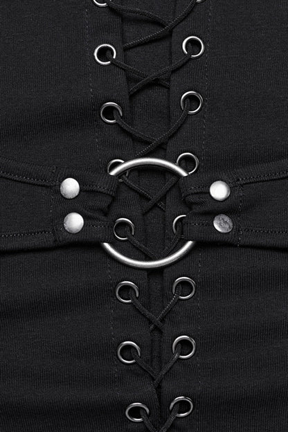 Black Long Sleeves Stitching Lace-Up Mesh Women's Punk Blouse