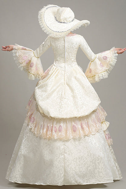 Beige Hime Sleeves High Waisted Lace Stitching Hollow Floral Print Ruffled Multi-Layer Victorian Lolita Prom Tiered Dress
