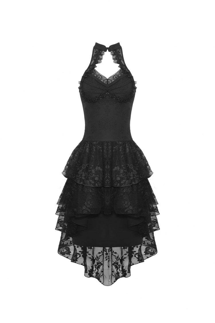 Black Off Shoulder Halterneck Sleeveless Irregular High Low Multi-Layered Lace Women's Gothic Dress