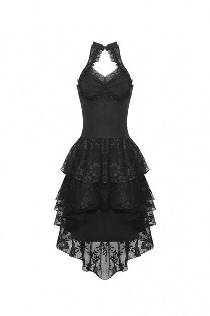Black Off Shoulder Halterneck Sleeveless Irregular High Low Multi-Layered Lace Women's Gothic Dress