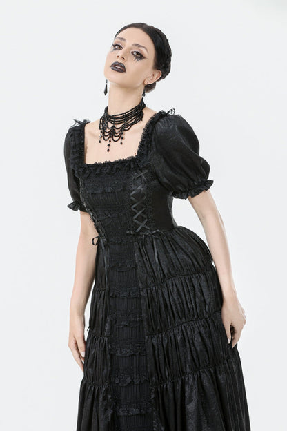 Black Lace Square Collar Short Puff Sleeves Lace-Up Ruched Women's Gothic Wedding Dress