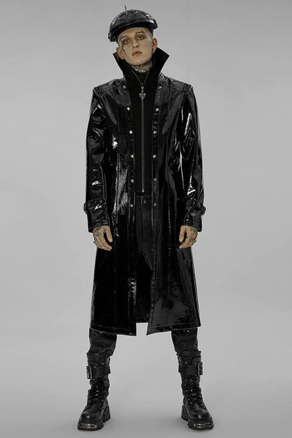 Black Dual Stand Collar Metal Buckle Patent Leather Stitching Mens Steampunk Coat
