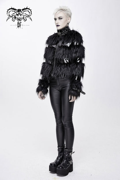 Black Metal Buckle Loop Stand Up Collar Splice Patent Leather Woolen Women's Punk Coat