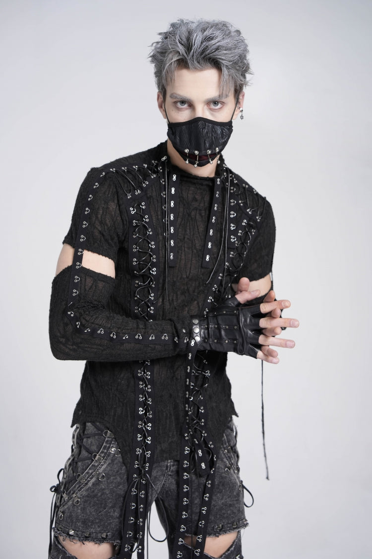 Black Long Sleeves Strap Lace-Up Irregular Mesh Men's Gothic T-Shirt