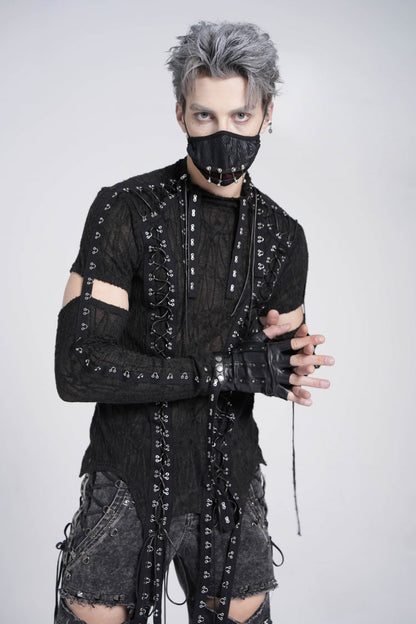 Black Long Sleeves Strap Lace-Up Irregular Mesh Men's Gothic T-Shirt