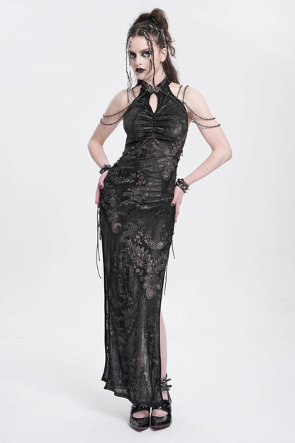 Black Off Shoulder Halterneck Sleeveless Side Slit Women's Gothic Dress