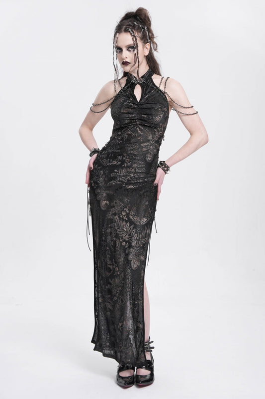 Black Off Shoulder Halterneck Sleeveless Side Slit Women's Gothic Dress
