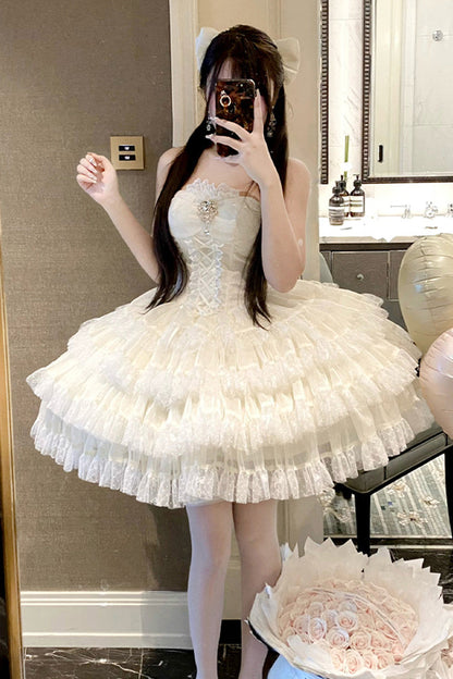 Beige [Heartbeat at First Sight] Off Shoulder Sleeveless Multi-Layered Ruffle Bowknot Lace Lace-Up Sweet Princess Gorgeous Lolita Dress