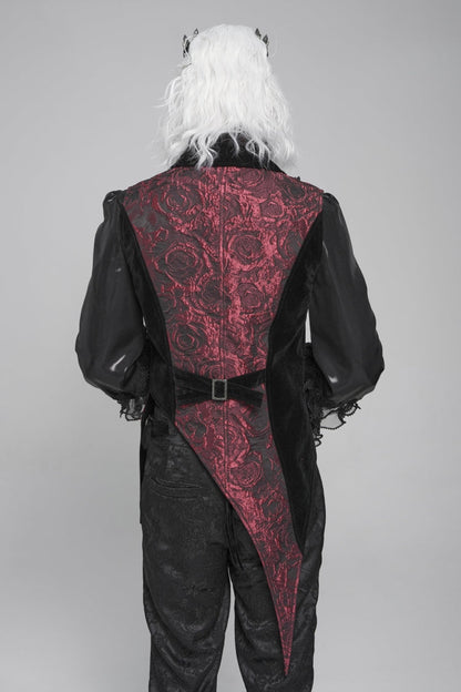 Black Long Sleeves Rose Print Irregular Contrast Color Men's Gothic Vest with Detachable Feather Accessory