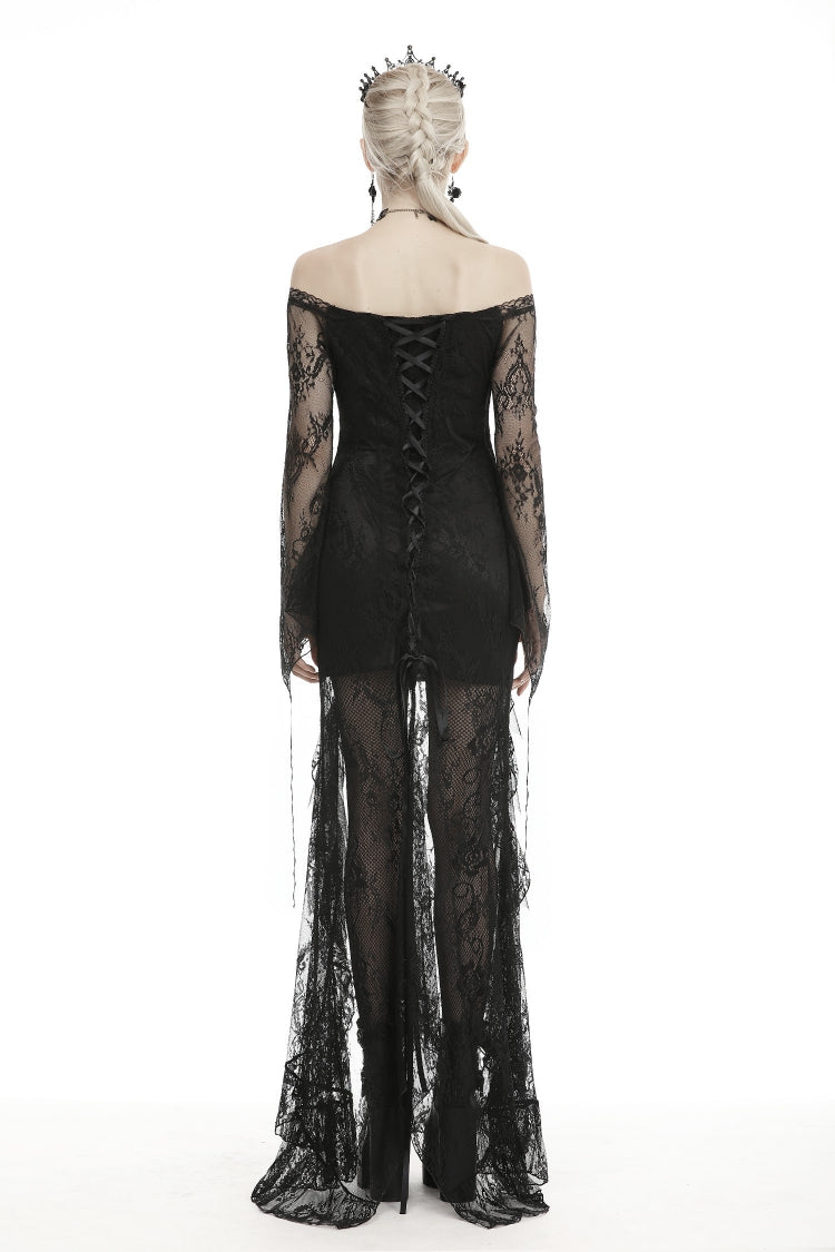Black Off Shoulder Long Sleeves Lace Lace-Up Women's Gothic Mermaid Wedding Dress