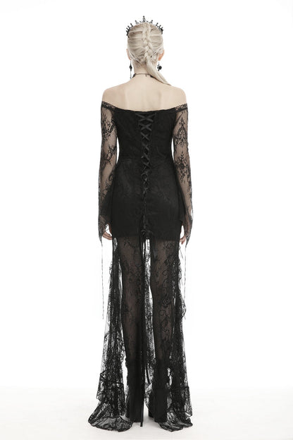 Black Off Shoulder Long Sleeves Lace Lace-Up Women's Gothic Mermaid Wedding Dress