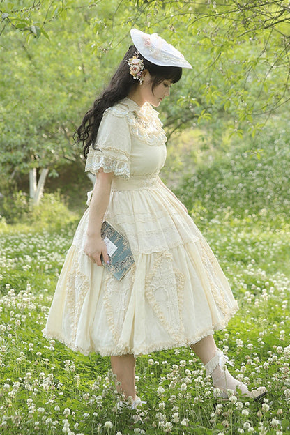 Beige Ruffled Round Collar Lace Cross Floral Embroidery Short Sleeves Plus Size Sweet Lolita OP Dress