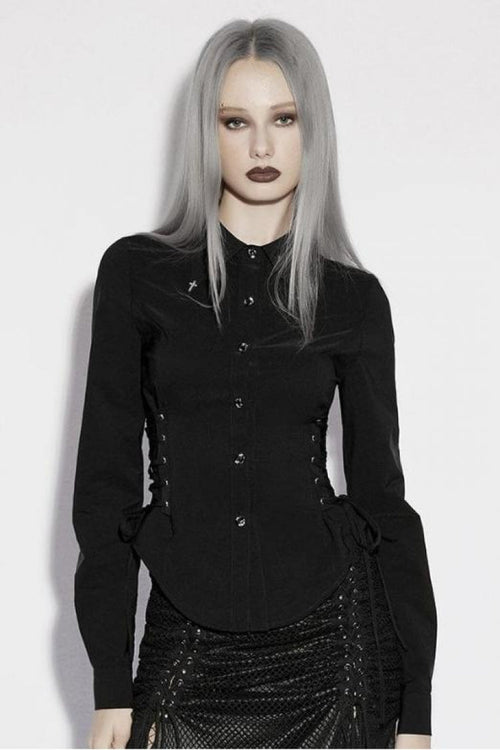 Black Lapel Collar Long Sleeves Lace-Up Slim Buckled Women's Gothic Blouse