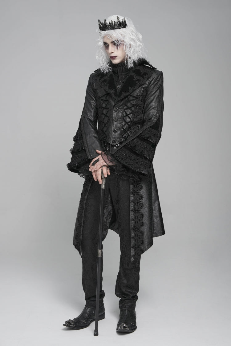 Black Long Trumpet Sleeves Floral Crochet Embroidery Lace-Up Men's Gothic Coat