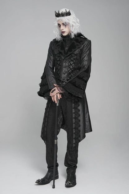 Black Long Trumpet Sleeves Floral Crochet Embroidery Lace-Up Men's Gothic Coat