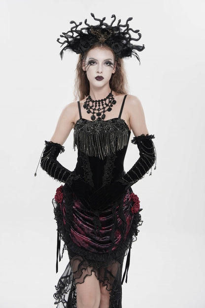 Black Lace-Up Women's Gothic Embroidered Tassels  Overbust Corset