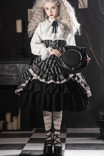 Black Point Manor Multi-layer Striped Print Ruffle Gothic Lolita Skirt