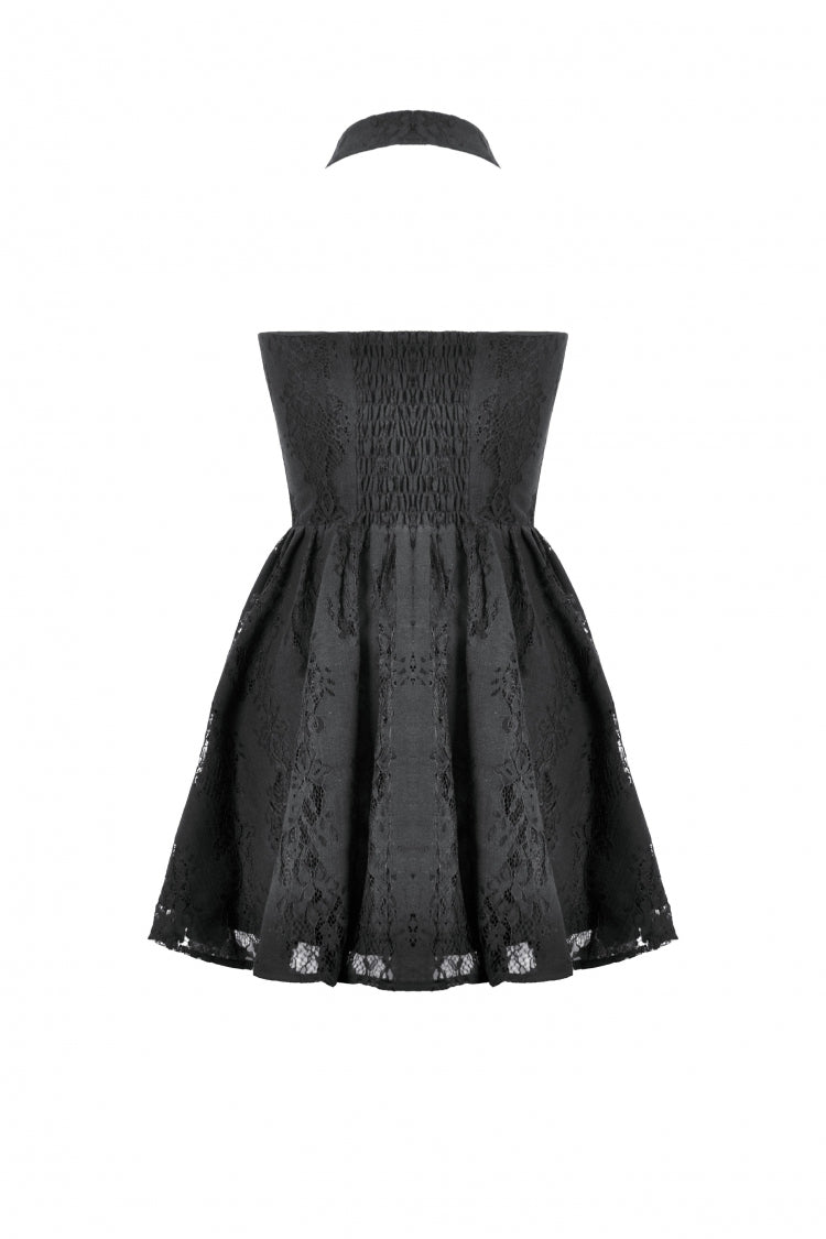 Black Off Shoulder Halterneck Sleeveless Lace Women's Gothic Short Dress