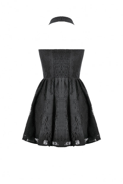 Black Off Shoulder Halterneck Sleeveless Lace Women's Gothic Short Dress