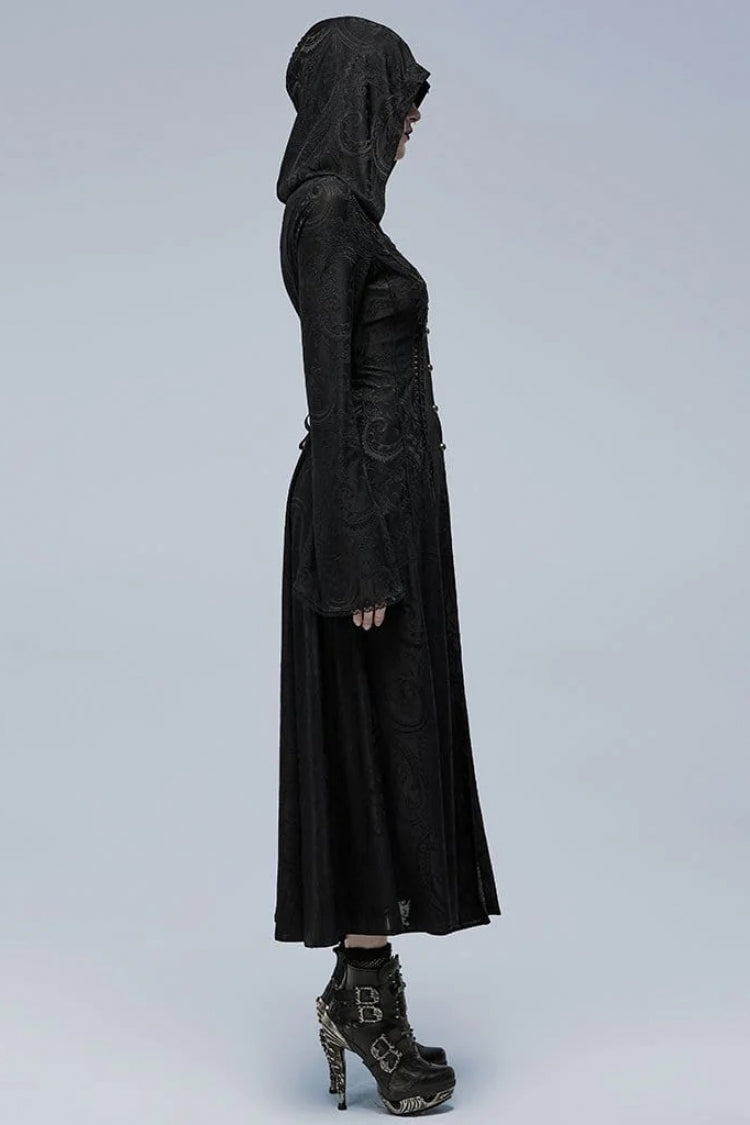 Black Long Trumpet Sleeves Hollow Lace Slim Hooded Womens Gothic Dress