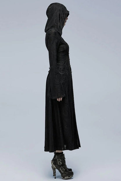 Black Long Trumpet Sleeves Hollow Lace Slim Hooded Womens Gothic Dress