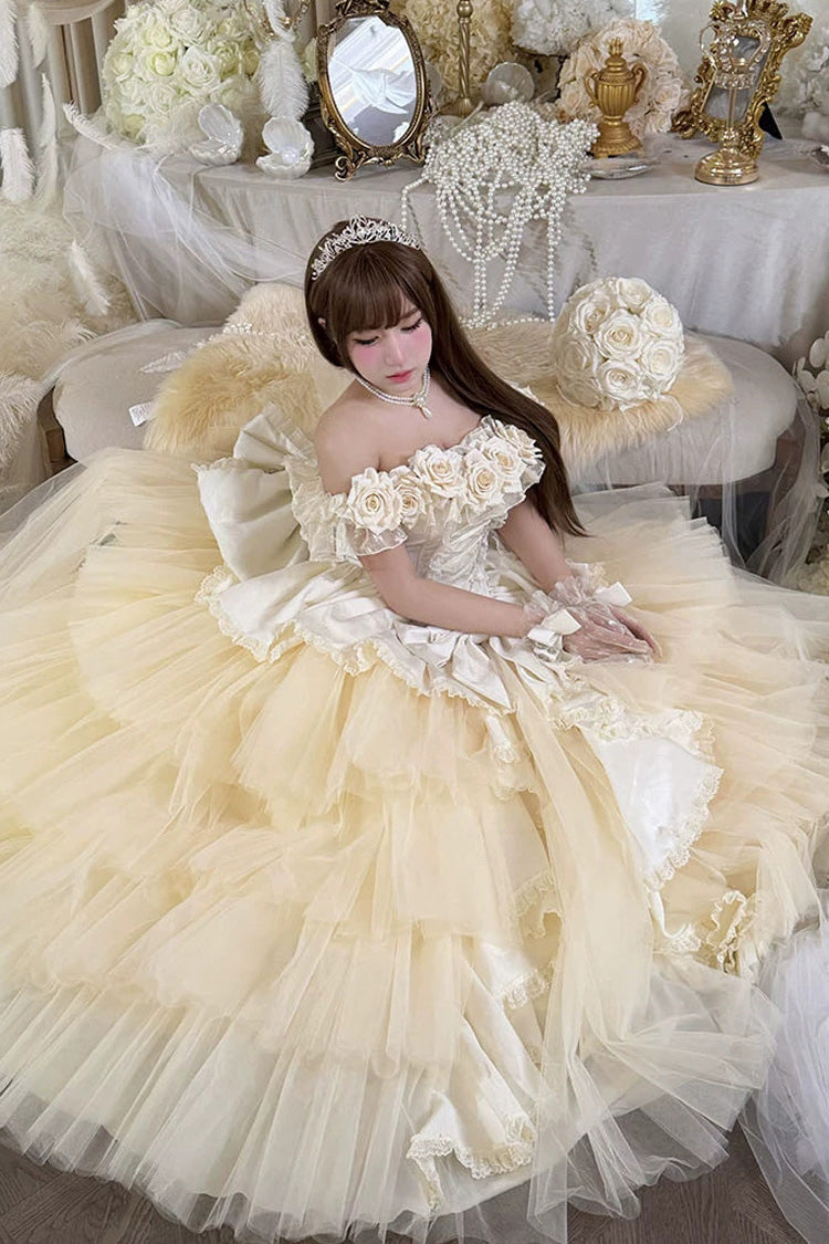 Apricot [Heart’s Beloved Rose] Sleeveless Ruffled Hanayome Bow Lace Lace-Up Sweet Lolita Jsk long Dress