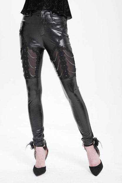 Black Chain Faux Leather Stitching Lace Women's Gothic Pants