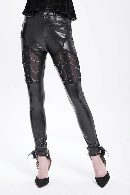 Black Chain Faux Leather Stitching Lace Women's Gothic Pants